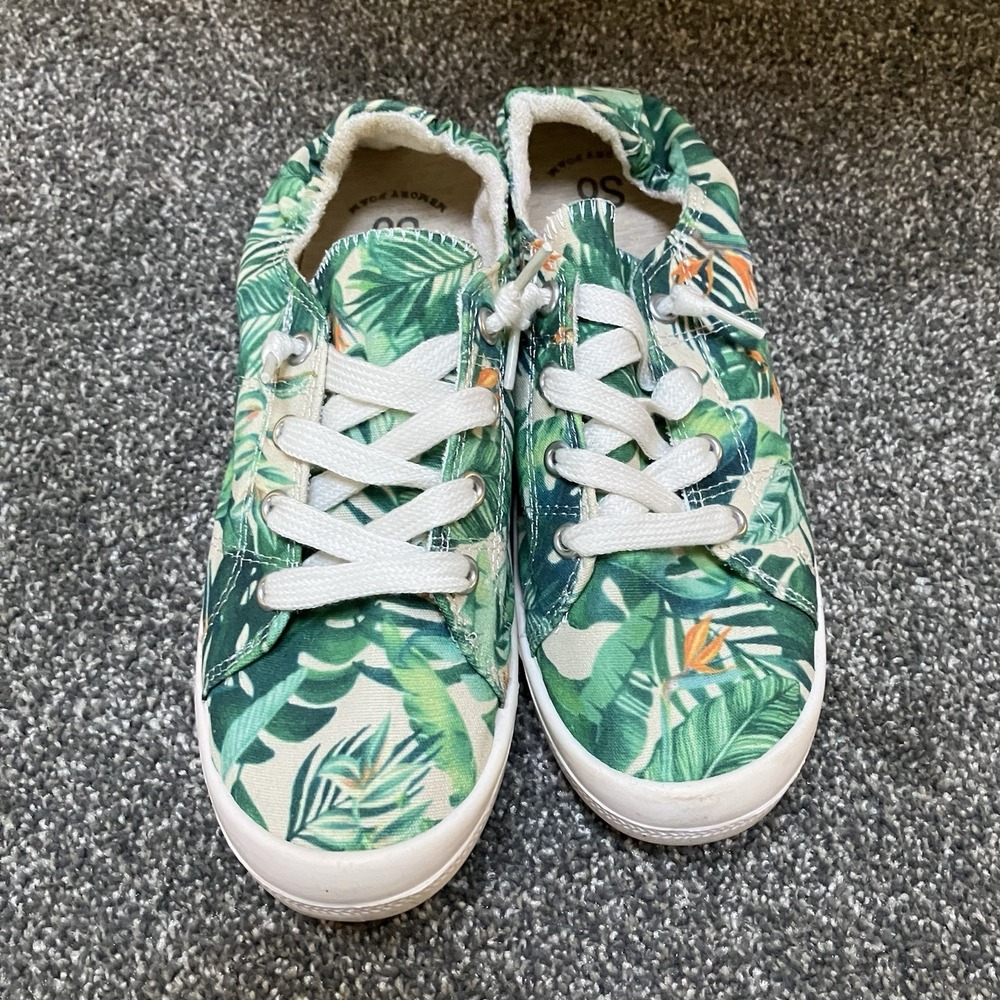 SO Green Palm Leaf Print Canvas Sneakers Womens Sz 7 Memory Foam Shoes Gardening